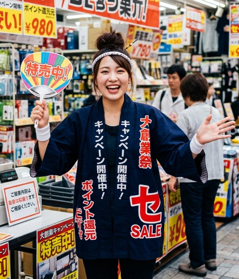 キャンペーンを案内する若い女性スタッフ